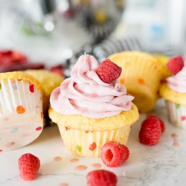 Raspberry Frosting with a lemon cupcake