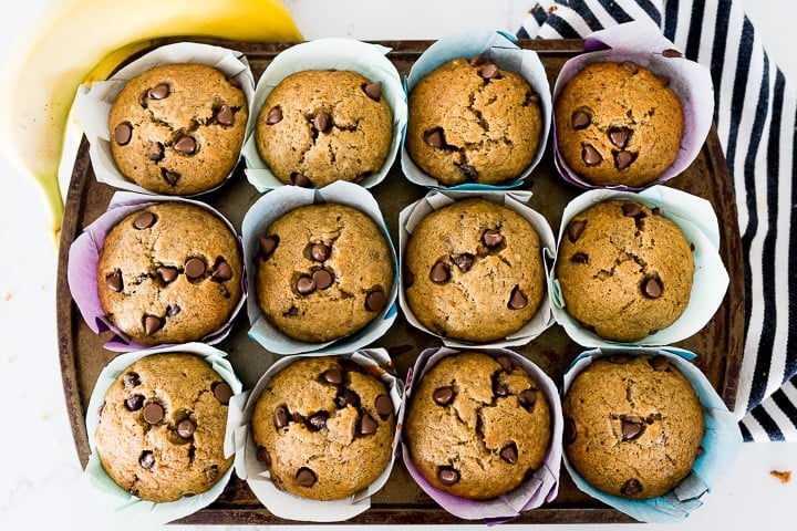 banana chocolate chip muffins in a pan