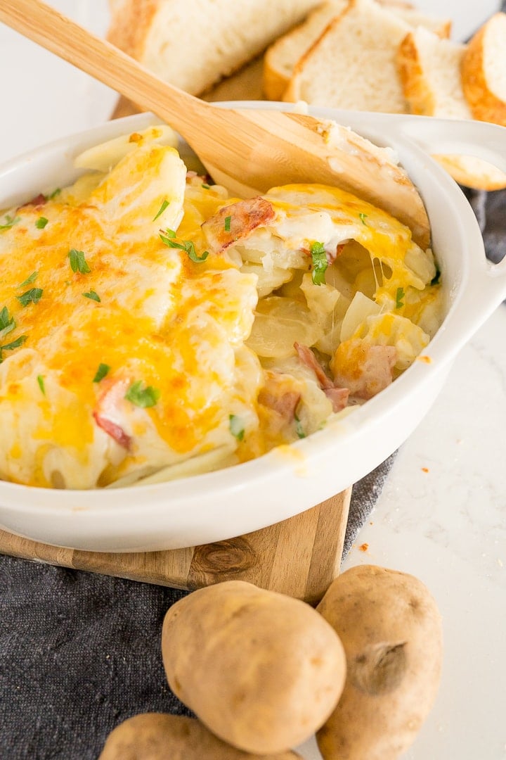 ham and scalloped potatoes in a baking dish