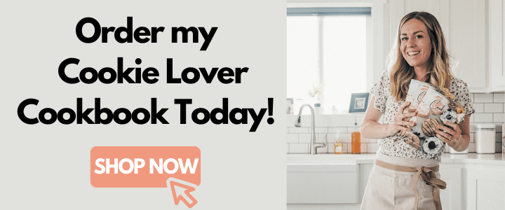 ad for cookie cookbook with 'order my cookie lover cookbook today' text and a photo of a girl holding the cookbook