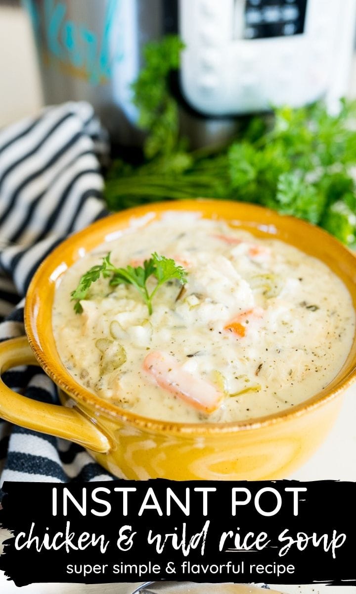 pin image or Instant Pot chicken and wild rice soup