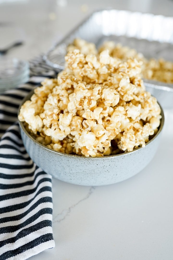 caramel popcorn in a large bowl