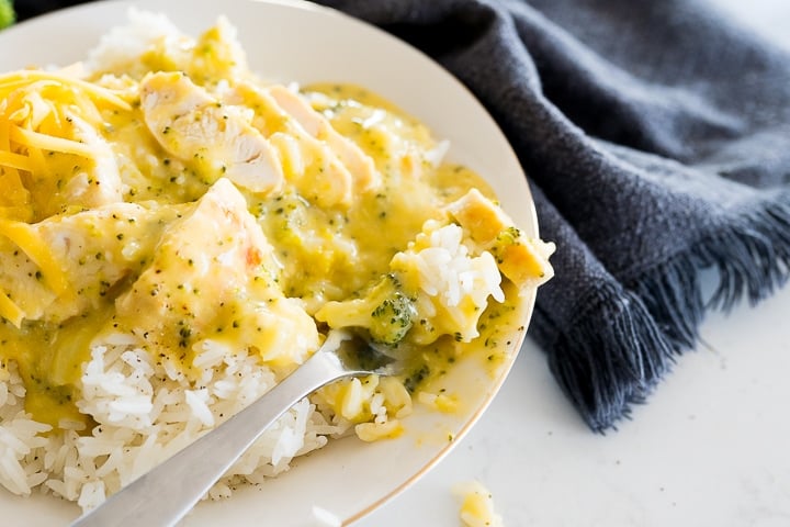 Chicken and broccoli with a cheesy sauce served over rice