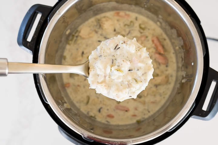 Instant Pot chicken and wild rice soup scooped up
