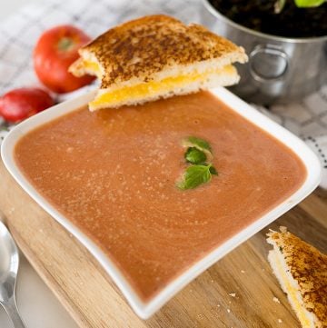 tomato basil soup with a grilled cheese sandwich