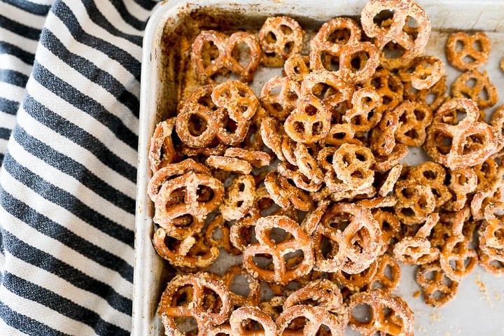flavored pretzels on a baking sheet