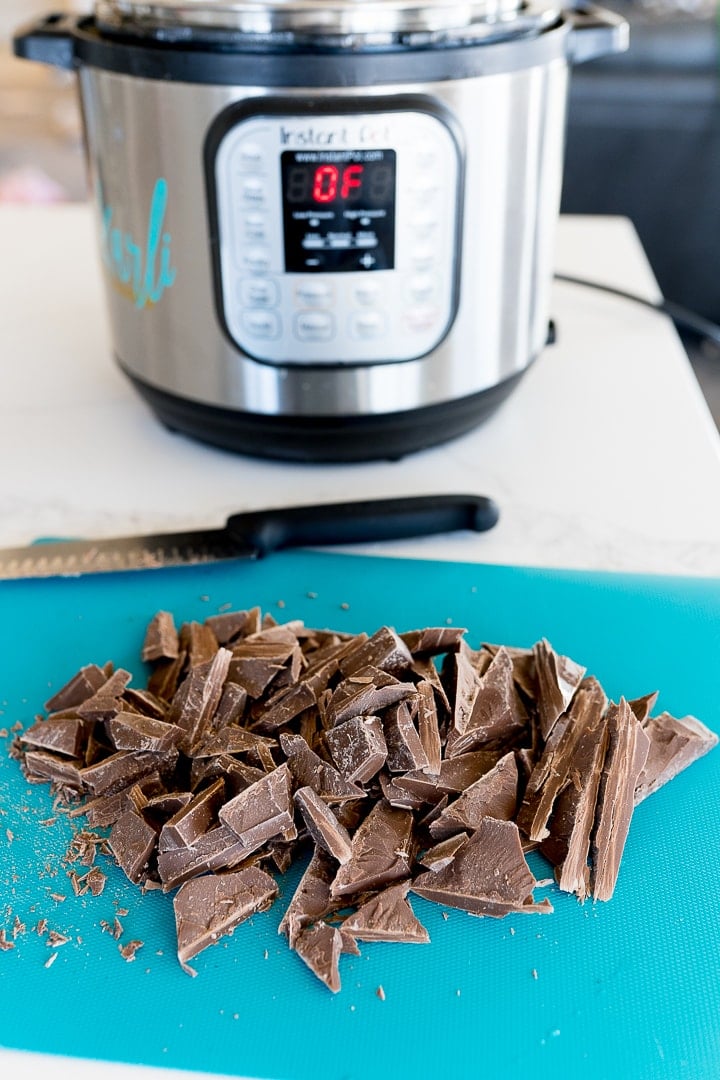 dipping chocolate chopped in front of an Instant Pot 