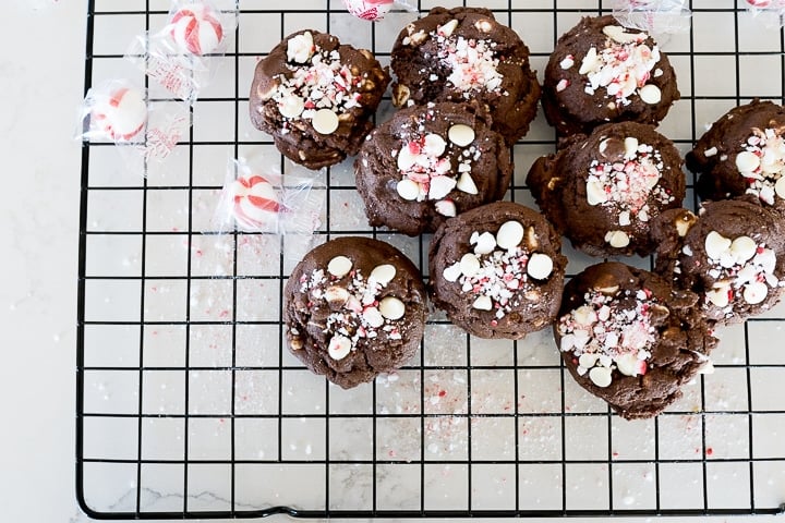 Chocolate peppermint cookies on a cooling rack