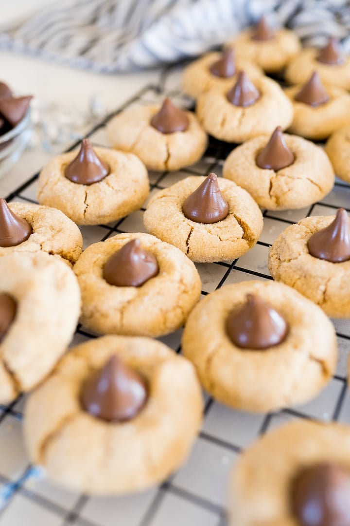 peanut butter cookies with chocolate kisses on top