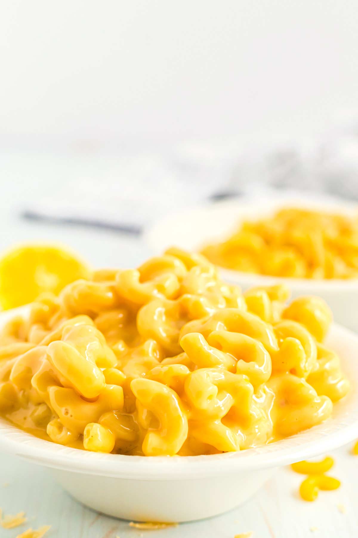 Mac and cheese in a white bowl