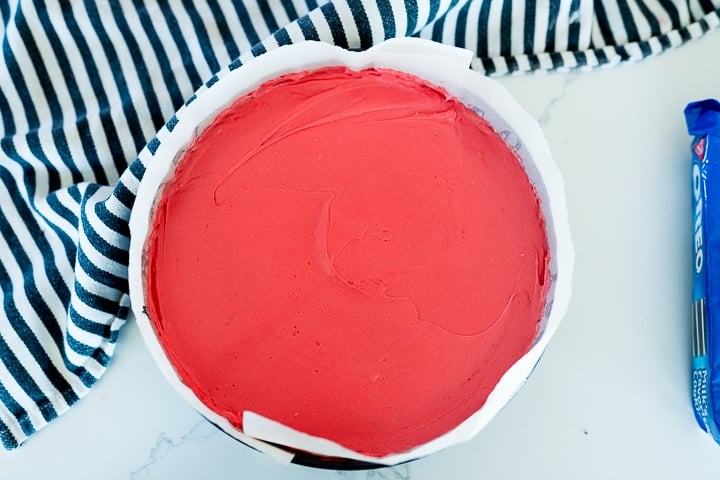 red velvet cheesecake filling added to the spring form pan
