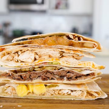 four different tortilla trend recipes stacked on top of each other