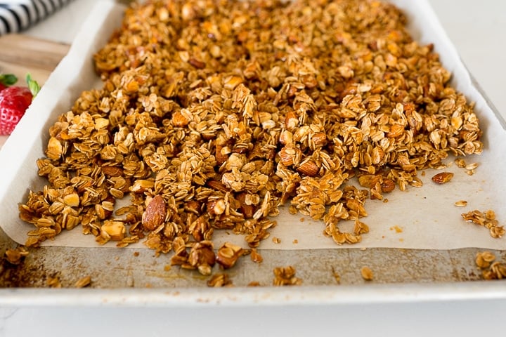 granola on a pan after baking