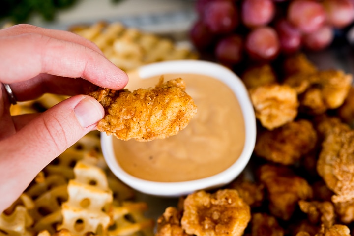 chick fil a copycat nugget sitting in dipping sauce