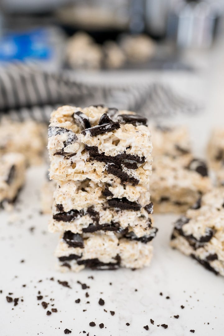 Rice Krispie treats with Oreos in them, cut and stacked 
