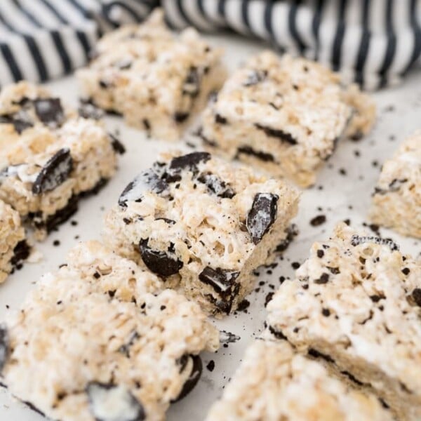 Cookies and cream Rice Krispie treats cut into squares