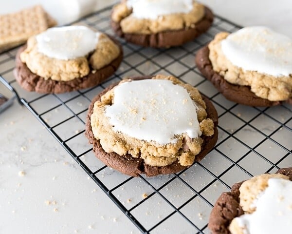smores brownie cookies on a cooling rack