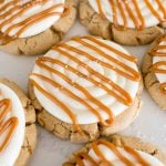 salted caramel cheeesecake cookies on the counter