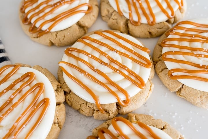 salted caramel cheeesecake cookies on the counter