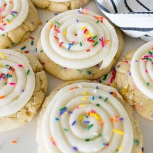 cake batter cookie with cake batter cream cheese frosting