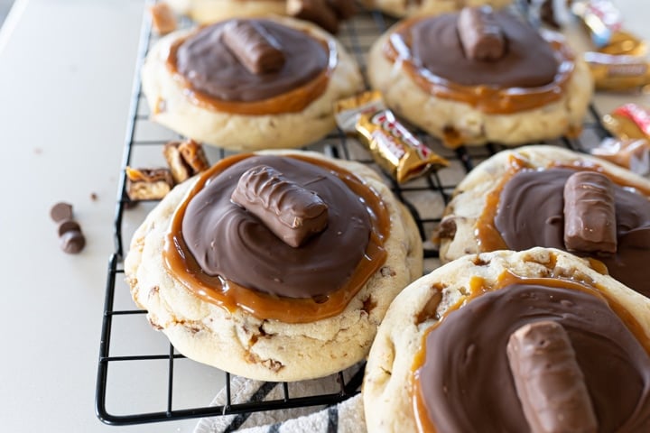 Twix cookies, on a cookie cooling rack