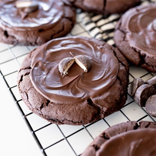 york peppermint patty chocolate cookies on a cookie cooling rack