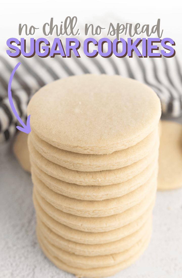 pin image for sugar cookies, a stack of cookies with text overlay. 
