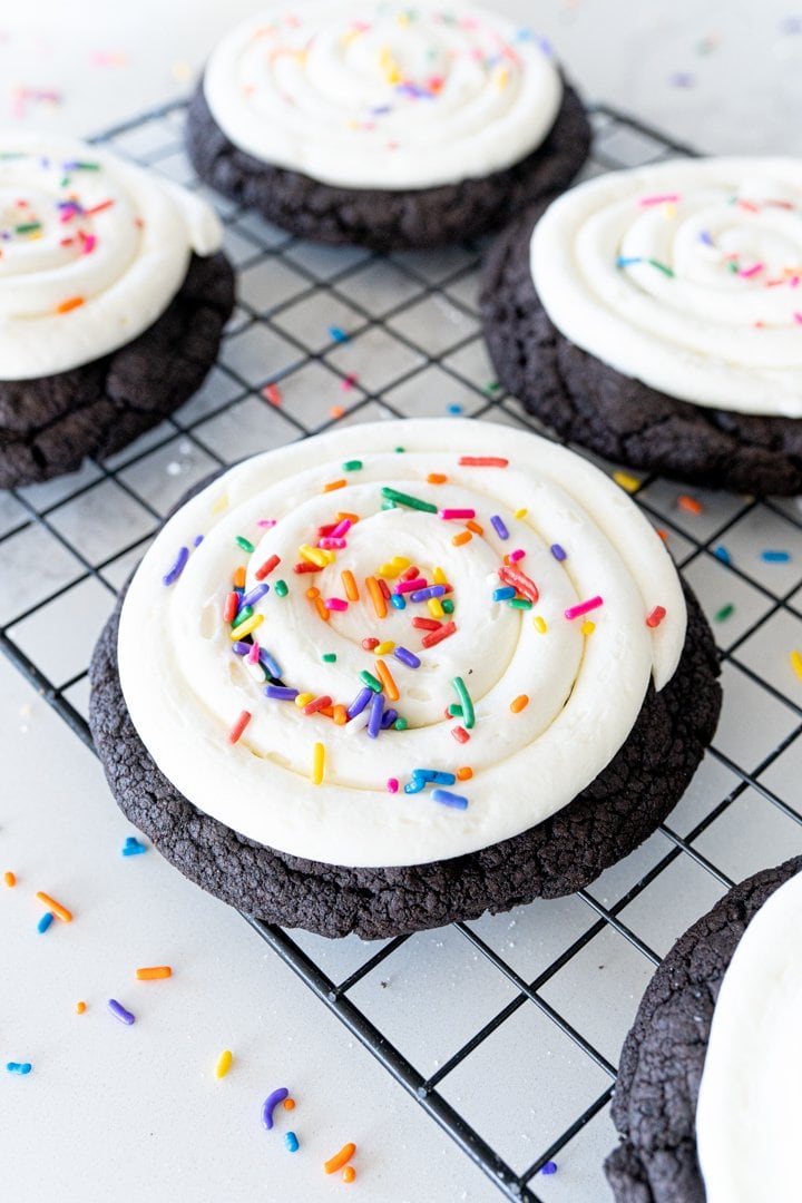 crumbl oreo cookie with birthday cake frosting and sprinkles