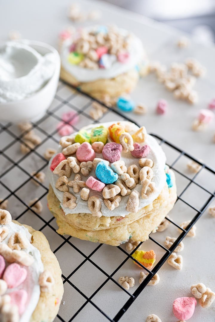 Lucky Charm Cookies on a cookie cooling rack.
