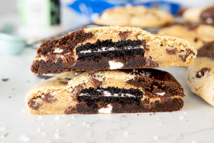 Brookie Oreo Cookie, cut in half, showing the oreo with peanut butter inside.