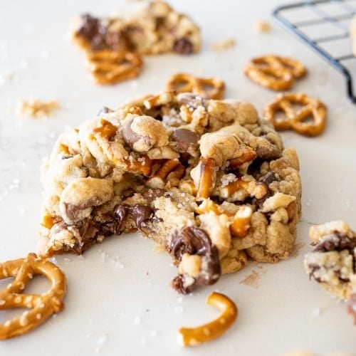 chocolate chip cookies with pretzels and toffee