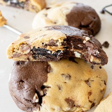 chocolate chip cookies and triple chocolate chip cookies stuffed with peanut butter and oreo