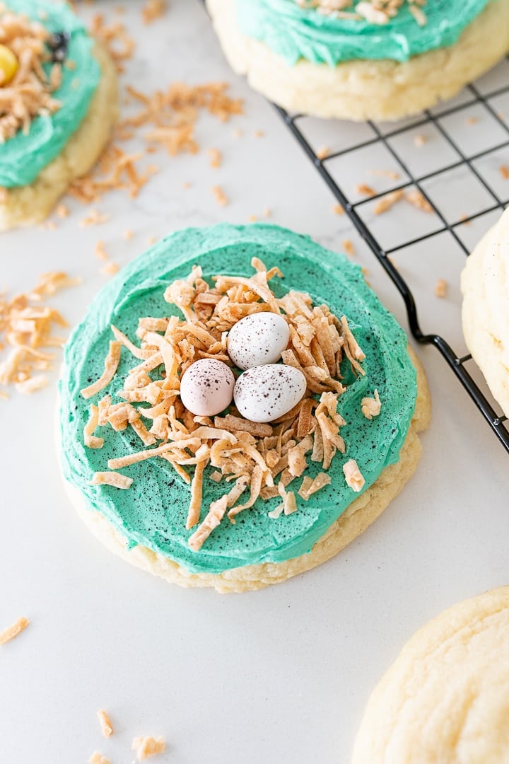 robins egg easter sugar cookies on the counter with a toasted coconut birds nest