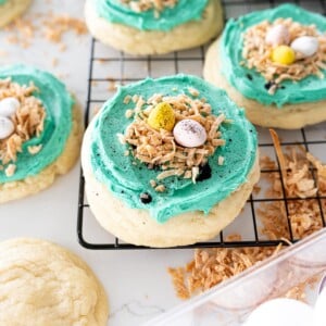 sugar cookie with robins egg frosting, birds nest and chocolate eggs