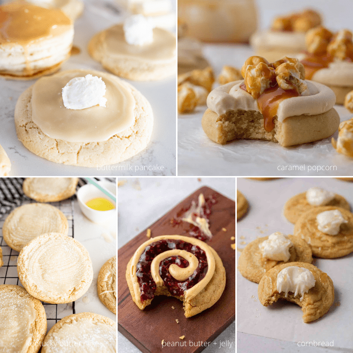 photo collage of buttermilk pancake cookie, Kentucky butter cake cookie, peanut butter and jelly cookie, cornbread cookie and caramel popcorn cookie