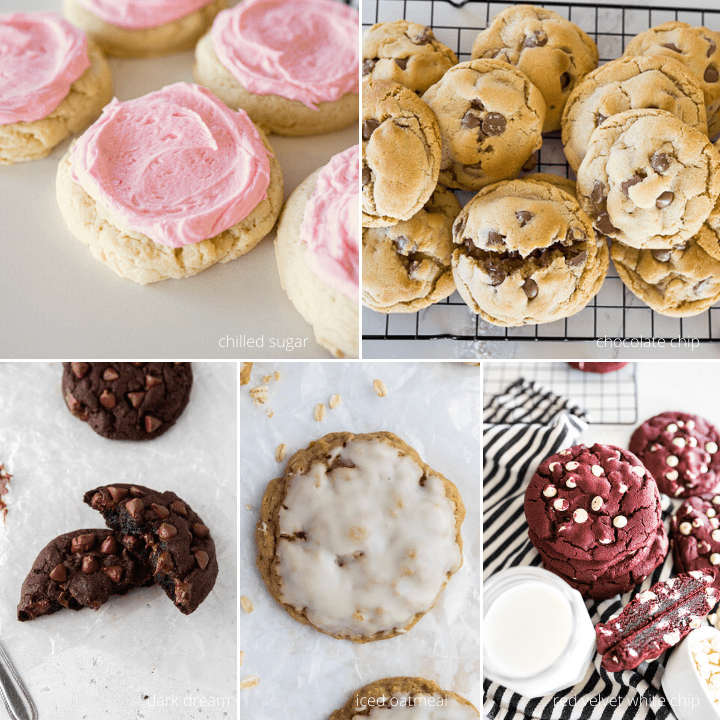 photo collage with chilled sugar, milk chocolate chip, dark dream, iced oatmeal and red velvet white chip cookies