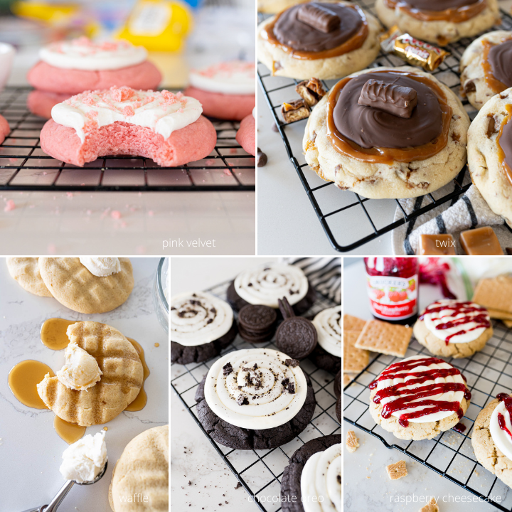 photo collage with pink velvet, Twix cookie, waffle cookie, chocolate oreo cookie and raspberry cheesecake cookie