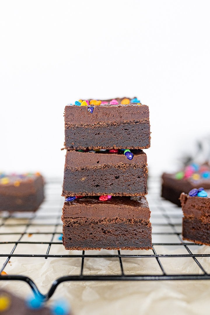 fudge cosmic brownies stacked on top of each other. 