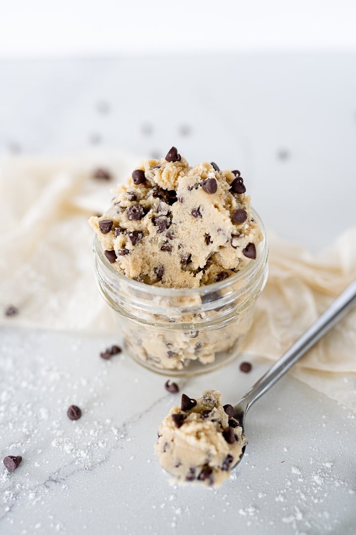 cookie dough in a mason jar on the counter