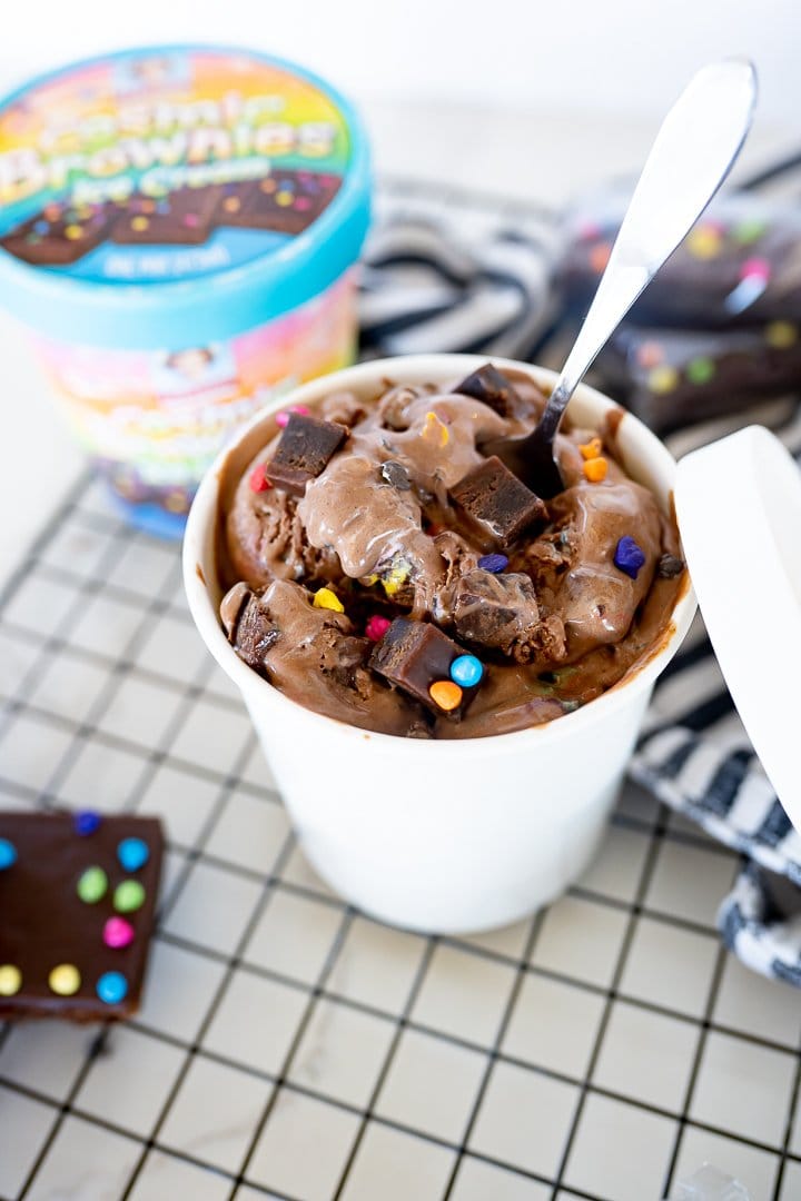 Cosmic brownie Little Debbie ice cream in a container on a cooling rack 