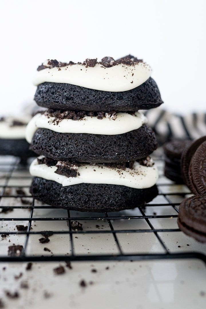 three oreo donuts stacked on top of each other