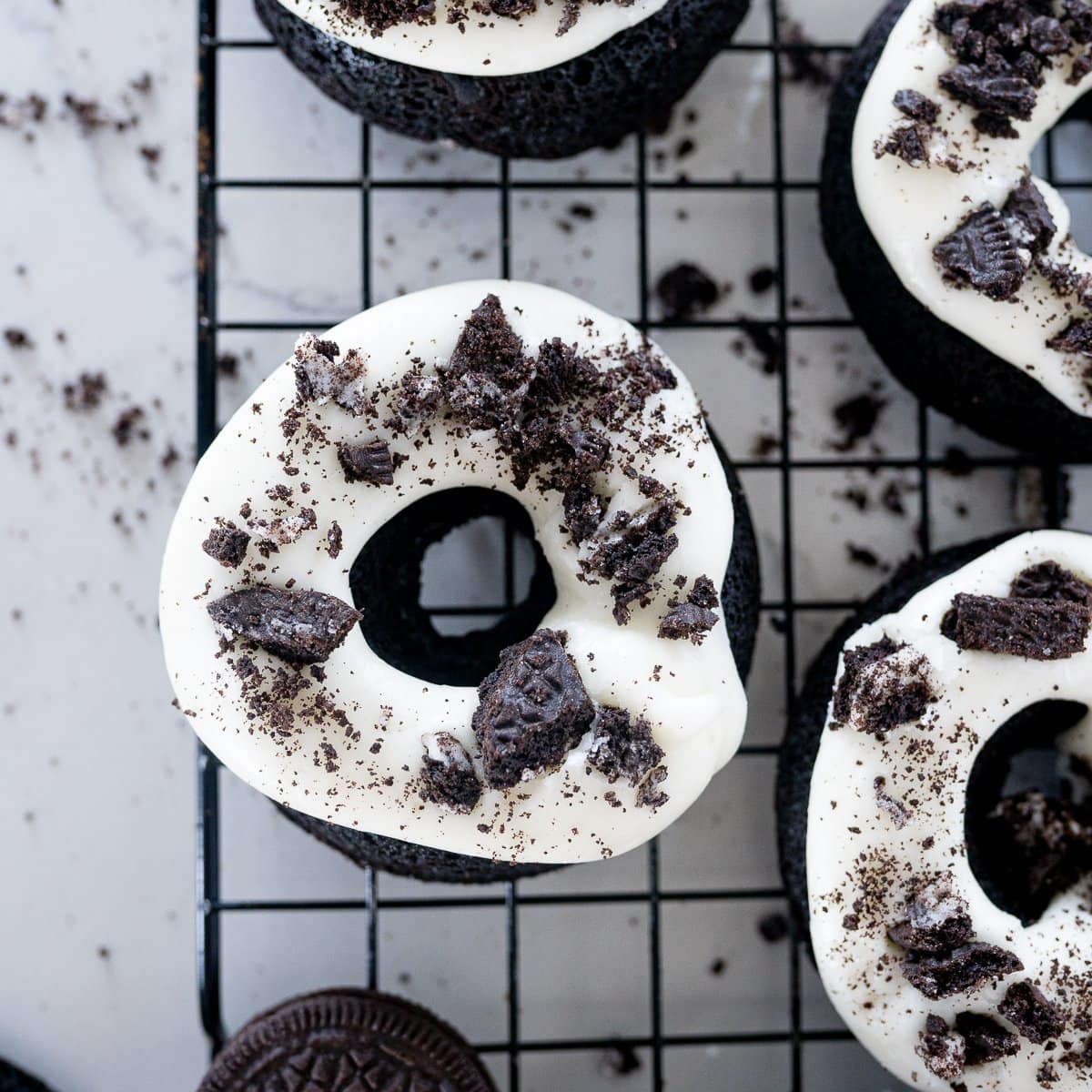 Oreo donut on a cooling rack