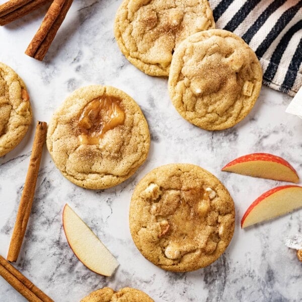 caramel apple cider cookies on the counter