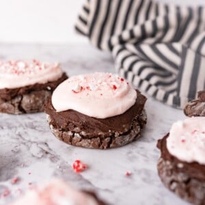Chocolate peppermint crinkle cookie on the counter.