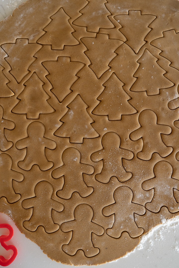 gingerbread cookies cut out prior to baking.