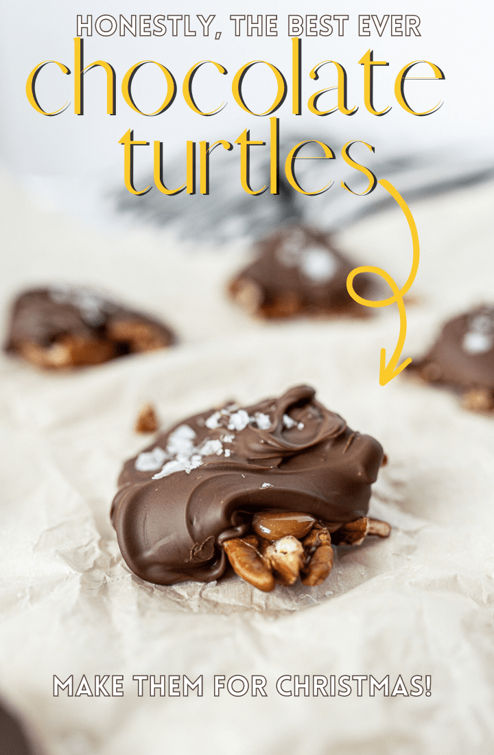 pin image for chocolate turtles with text overlay. 