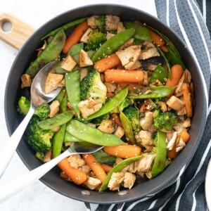 stir fry in a pan on the counter.