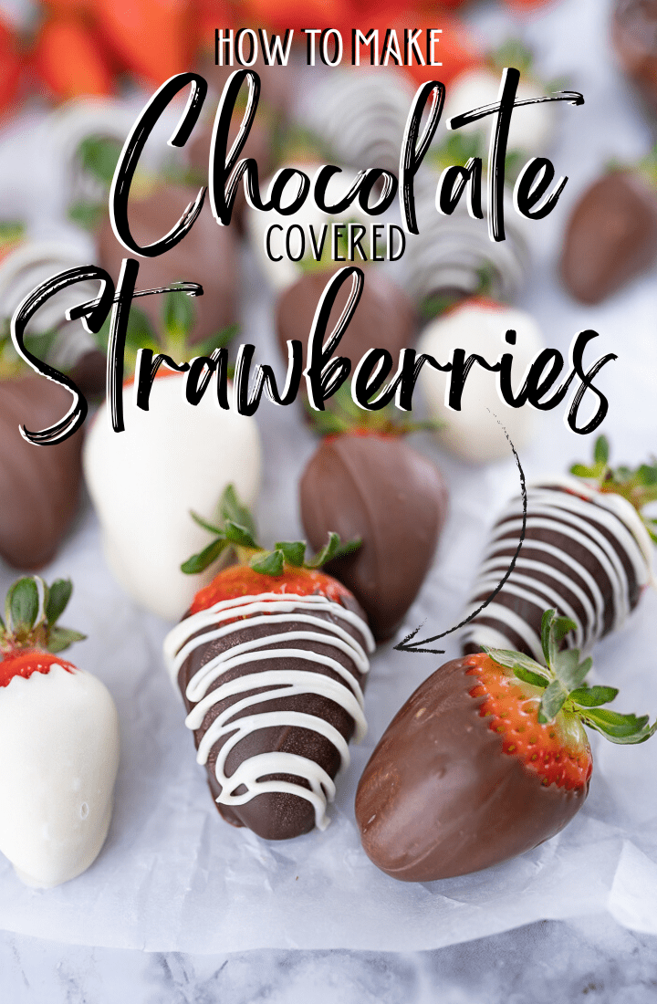 Several chocolate covered strawberries on the counter with text on the photo that reads "how to make chocolate covered strawberries."