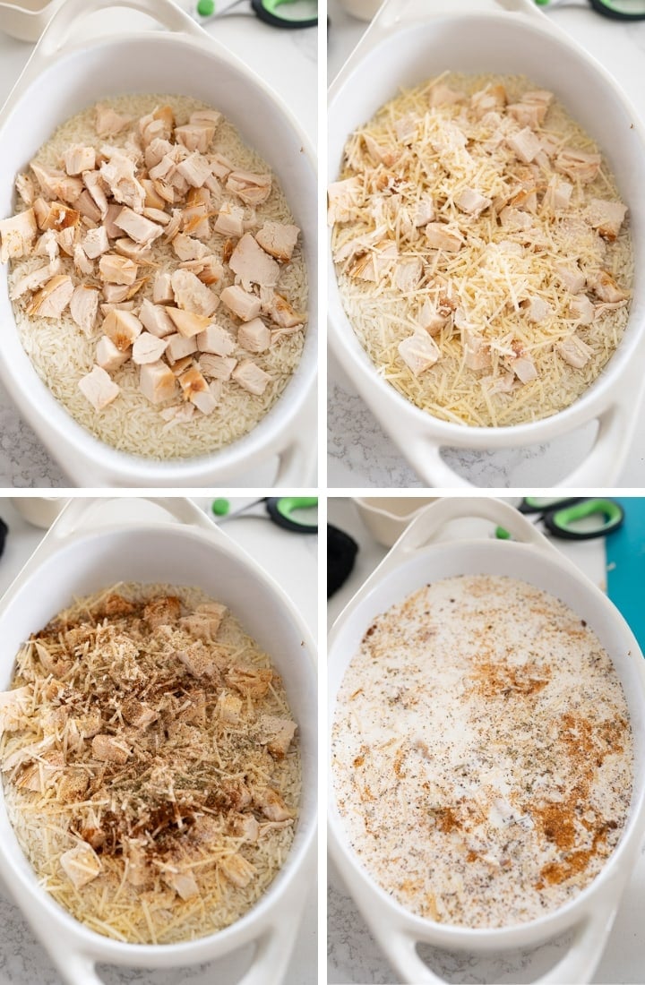 Four photos of casserole dishes showing the different stages of making a chicken and rice bake - just chicken, then topped with cheese, then topped with spices, and finally topped with sauce.