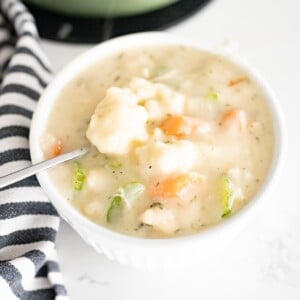 A white bowl of creamy chicken and dumpling soup on the counter.